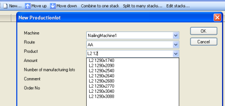 Dialog window for creating a new manufacturing lot